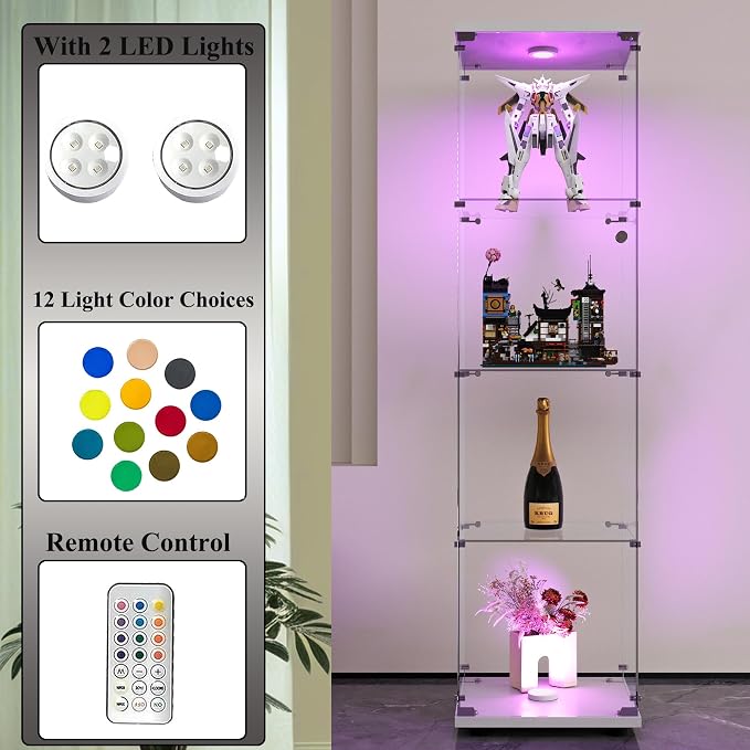 Frameless Glass Display Cabinet, Curio Cabinet Display Case with LED Lights and Lock, Quick-Install Floor Standing Showcase Display Shelf for Collectibles, Legos, Figures, Plants, White
