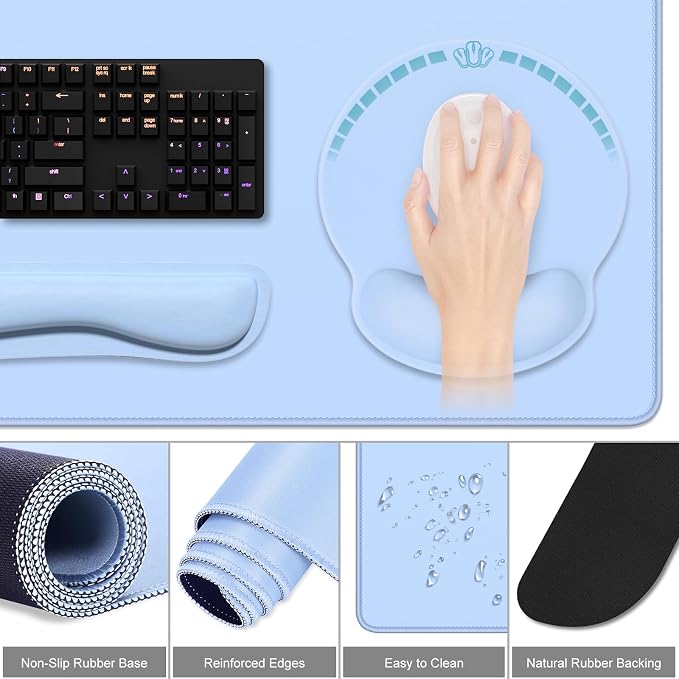 Dapesuom Large Gaming Mouse Pad, Mouse Pads with Wrist Rest Wrist Support, 4in1 Big XXL Desk Mat Desk Pad + Ergonomic MousePad + Memory Foam Keyboard Mat Wrist Rest + Coaster Set for Computer,Sky Blue