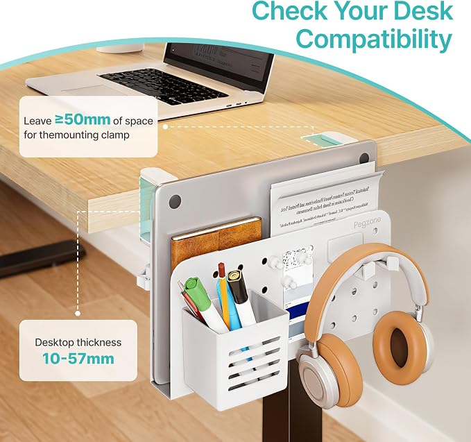 Desk Side Storage Organizer, Fits Flat Edge 0.4" to 2.2", White | No Drill Under Desk Laptop Holder, Clamp on Desks Shelf with Pegboard Accessories, Hanging Laptop Mount