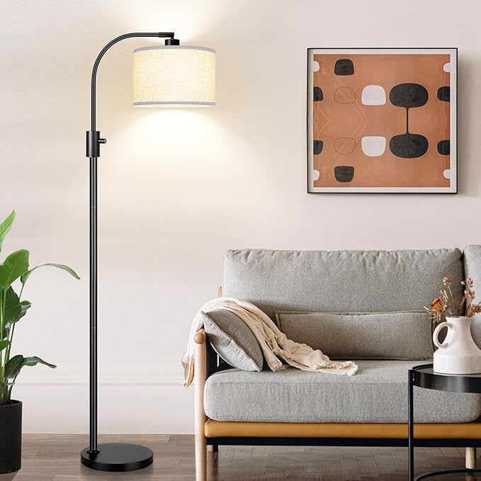 Nintiue Upgraded Modern Arc Dimmable Tall Standing Floor Lamp with Linen Shade, 1200 Lumens LED Bulb Included, for Living & Reading Room, Bedroom, Office & Nursery, Matte Black