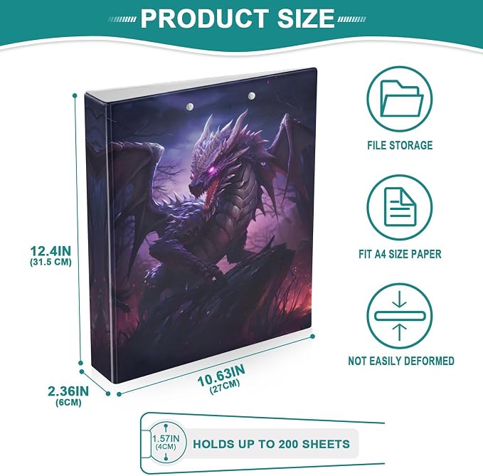 3 Ring Binder Dragon Purple 1.5" Round Ring Binders View Binder with 200 Sheet for Kids School Supplies Women Men Office, 1 Pack