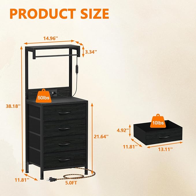 Tall Nightstand with Charging Station, Bed Side Table & End Table | 4 Fabric Drawers and Storage Wood Shelves, Dorm Nightstand with LED Light, Black Night Stand for Bedroom, Dorm, Hallway
