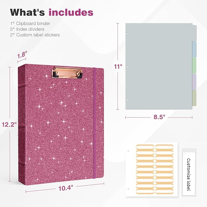 Ospelelf Leather 3 Ring Binder with Clipboard, 1 Inch Round Ring Vintage Hardcover Binder with Dividers and Tabs, Professional Binder Organizer for Office, School, Glitter Light Pink