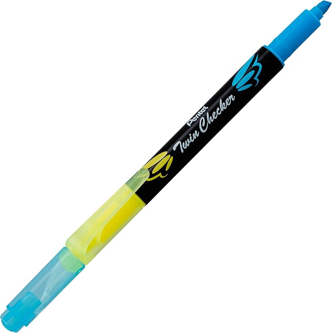 Pentel Twin Checker Dual-tip Highlighter, Chisel Tip, Yellow/Blue Ink, Pack of 12 (SLW8-GS)