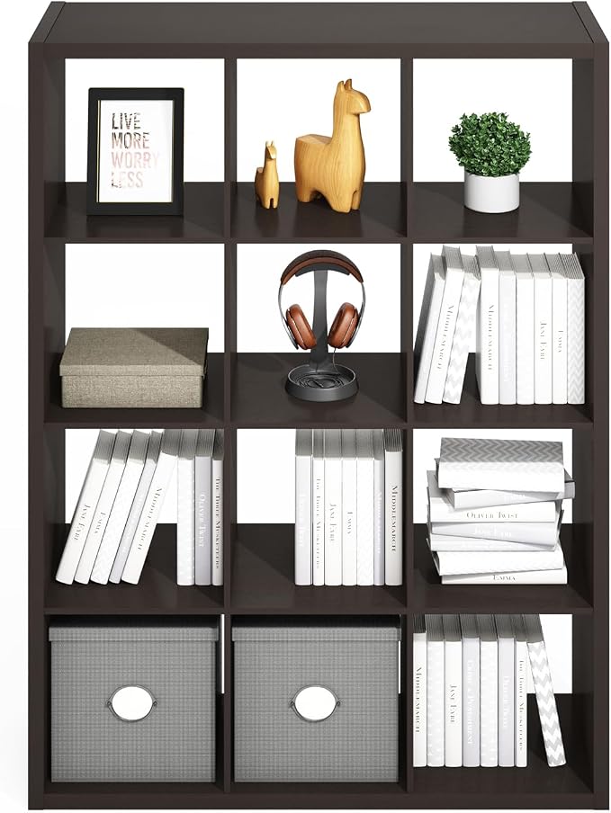 Furinno Simple 12-Cube Storage Organizer, Extra Thick Frame, Black Oak | Vertical/Horizontal, Open Back, Display Shelf, Shelving Unit, Storage Shelves, for Organization, Living Room, Home Office