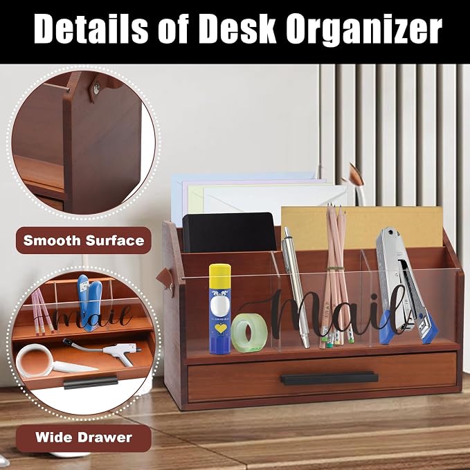 Wood Desk Organizer with Drawer, Bill Mail Organizer Countertop Workspace Organizers for Office Supplies Desk Organization Letter Holder