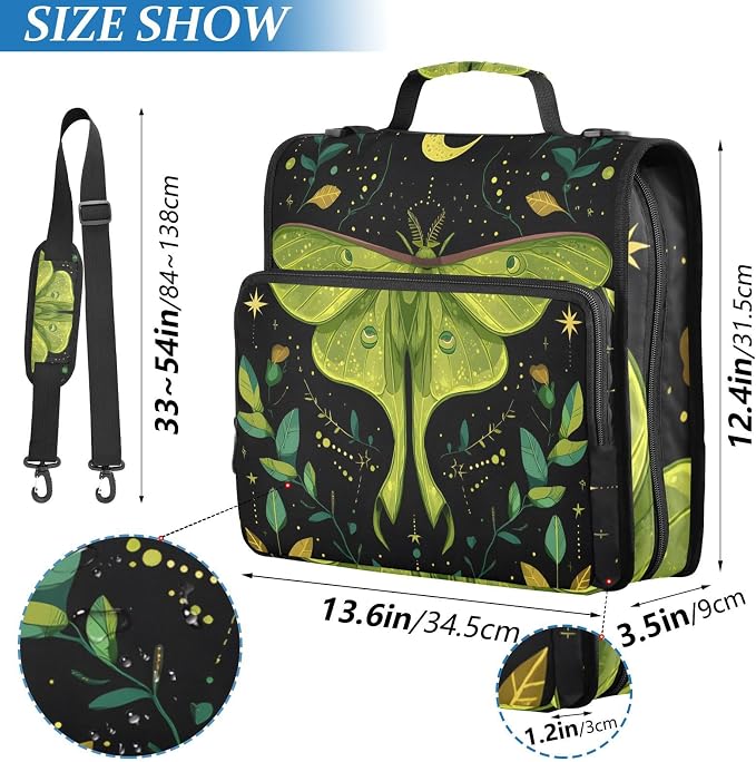 3 Ring Zipper Binder with Shoulder Strap Mystical Green Moon Moth Boho 1.5 inch Binders Keeper Large Capacity Multi Pockets for School Office Supplies