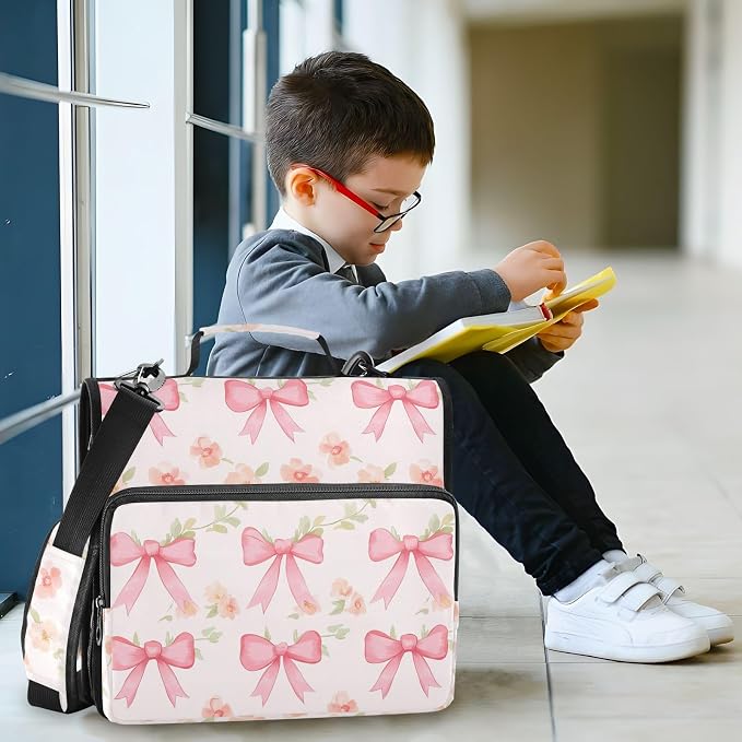 Watercolor Flowers and Pink Bows Zipper Binder with Shoulder Strap Bag 3 Ring Binder Organizer Large Capacity Multiple Compartments for School Office