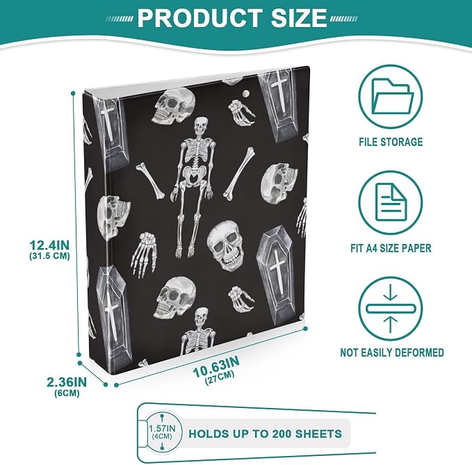 Coffin Skull Skeleton Binder 1.5 Inch Binder with Clipboard&Pockets, Black and White Goth Hardcover Binders 3 Ring Heavy Duty File Folder for Office School Supplies-Holds 200 Sheets, 2 Pack
