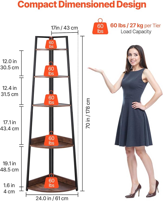 VEVOR 5 Tier Corner Shelf, Tall Corner Bookshelf Plant Rack, Wall Shelves Tower Storage Organizer with Metal Frame & Wooden Shelves, Narrow Display Book Shelf Rack for Bedroom, Living Room, Office