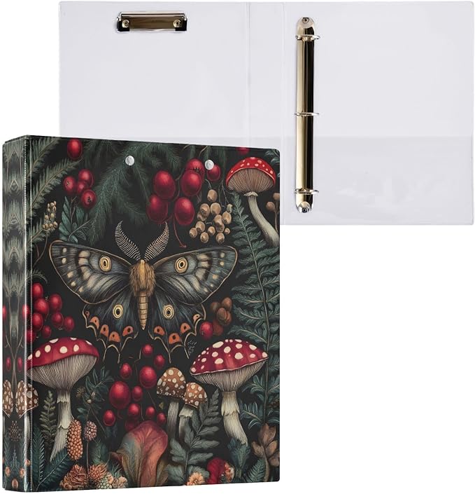 3 Ring Binder Moth Mushroom Fern 1.5" Round Ring Binders View Binder with 200 Sheet for Kids School Supplies Women Men Office, 1 Pack