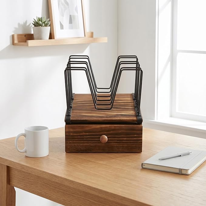 5-Section Wooden Inclined Desktop File Organizer with Storage Drawer | Metal Inclined Desk File Holder,Multifunctional Folder Organizer for Office Home School Classroom Workspace