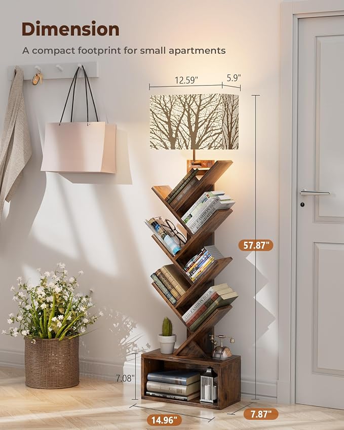 Evermagin 6 Tier Tree Bookshelf with Light, Bookcase, Branch Pattern | Rustic Brown Small Book Tower, Storage Cabinet for Book Organization, Floor Standing for Living Room, Bedroom & Home Office