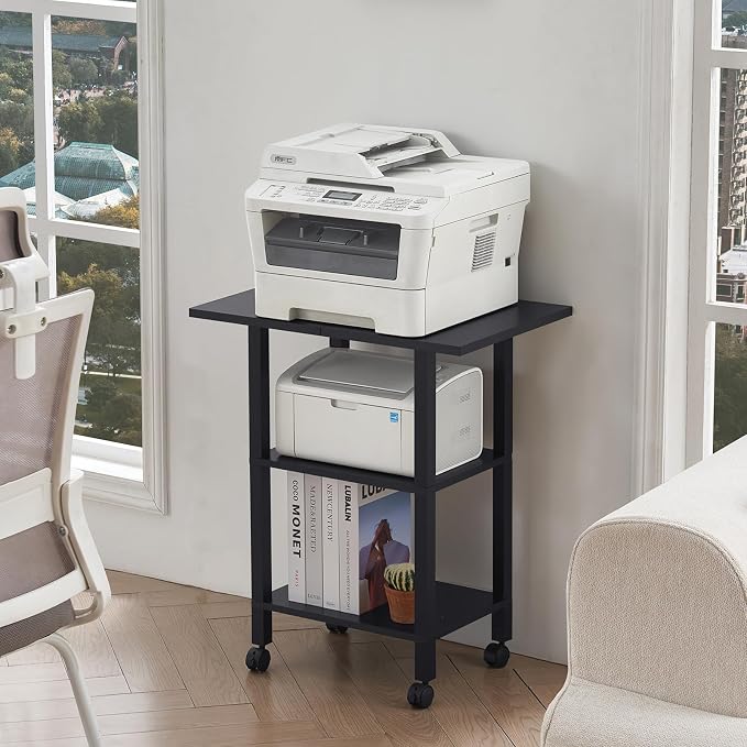 YUFAM 3 Tier Home Printer Stand with Storage, Black | Wooden Mobile Printer Table Shelf, Rolling Printer Cart Shelf with Lockable Wheels fit Fax Machine, Scanner