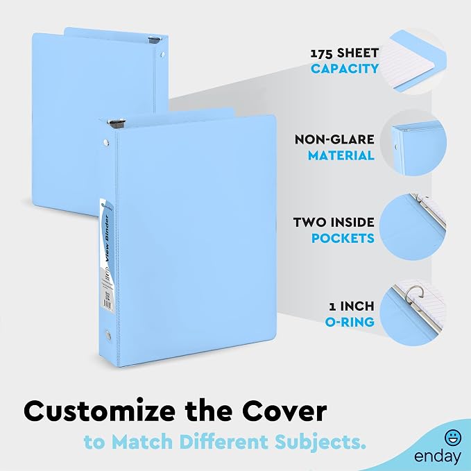 Enday 1 Inch Binder - 1 Inch 3 Ring Binder, Round Ring Pastel with Clear View Cover for Letter Size 8.5 x 11'' Paper & 2 Inside Pockets, for School Supplies, Office, & Home - 4 Pack