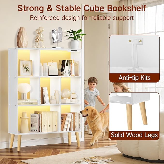 7-Cube Bookshelf with LED Lights, Touch & Remote Control, Freestanding Open Bookcase Storage Shelf, Dimmable Modern Wooden Display Organizer with Legs for Living Room, Bedroom, Office(White)