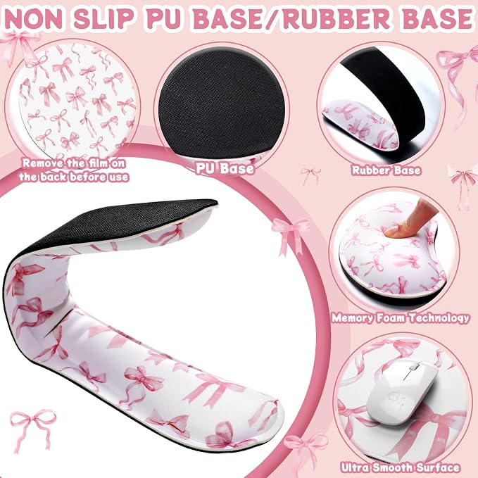 Relaxweex 4 Pcs Pink Bow Mouse Pad Keyboard Mat Set Wrist Rest | Coquette Desk Mat, Bowknot Mouse Pad, Cute Keyboard Wrist Rest, Preppy Cup Coasters, Office Computer Accessories