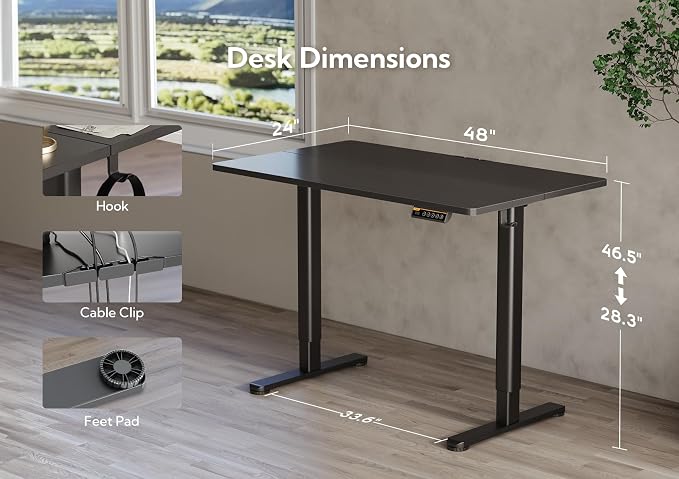 Claiks Electric Height Adjustable Standing Desk, 48x24 Inch, Black | Smooth Height Adjustment, 3 Memory Presets, Cable Management Hub&Hook, Stable Steel Frame, 176lbs Capacity, Easy Assembly
