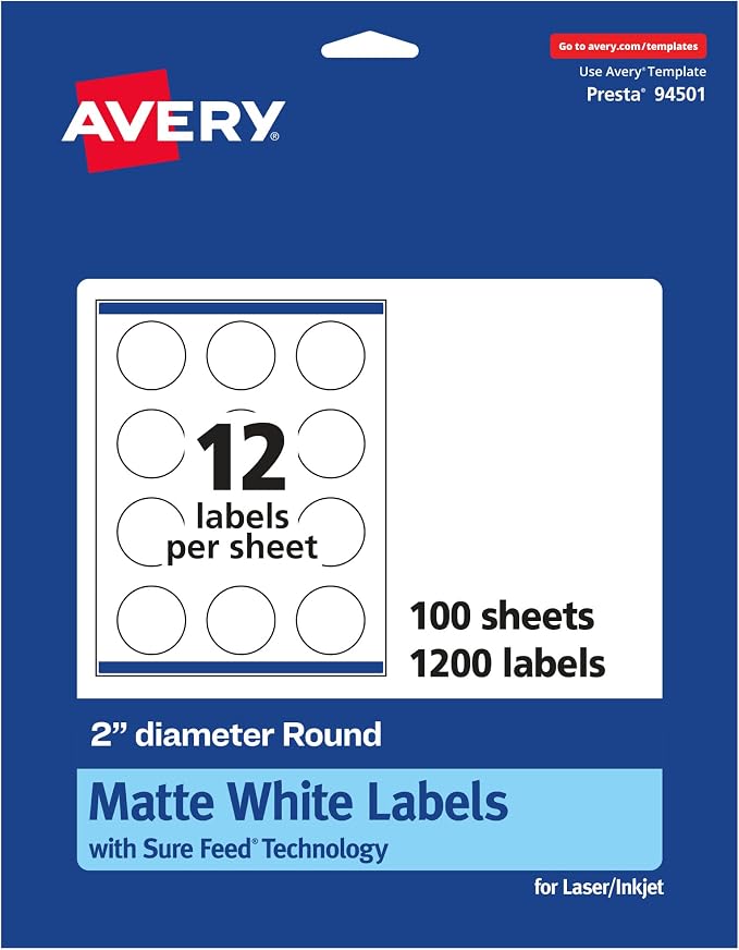 Avery® Matte White Round Labels, Sure Feed® Technology, 2" Diameter, 1,200 Matte White Printable Labels