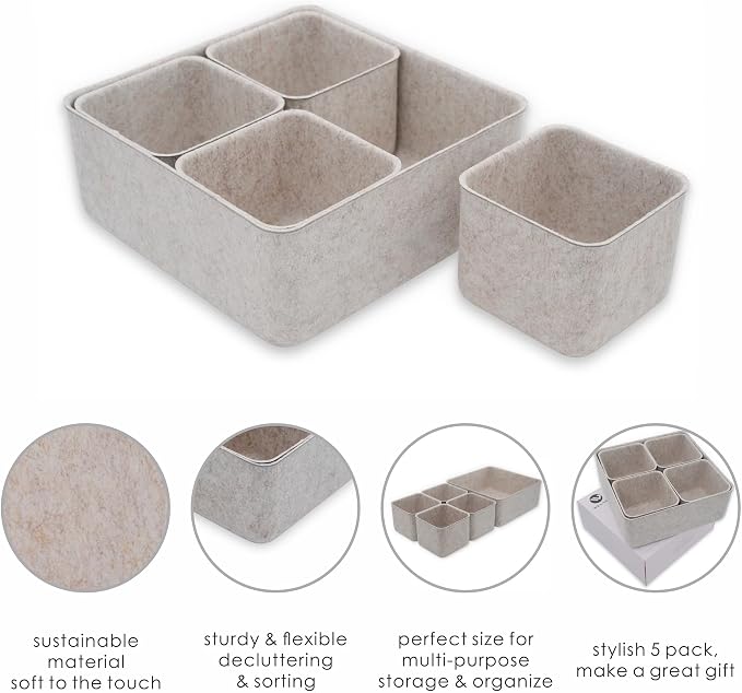 5pc Desk Drawer Organizers Storage Bin Closet Cabinet Box, Oatmeal