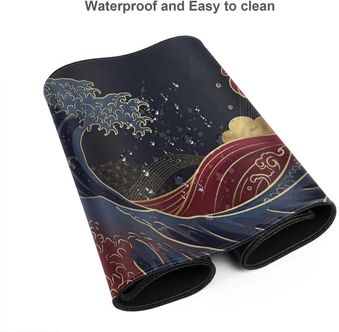 Japanese Great Wave Mouse Pad XL-Extended Gaming Desk Mat (31.5 x 15.7 in) | Black and Gold Ukiyo-e Art Mousepad with Anti-Slip Rubber Base, Waterproof Keyboard Mat for Office, Home & Esports