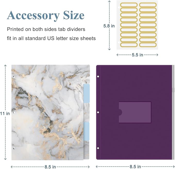 3 Ring Binder, 3 Inches Round Ring Binder with Clipboard, Dividers Tabs, PVC Zipper Bag Sleeves & to Do List Planners for Women, Men, School, Office Supplies, White Marble