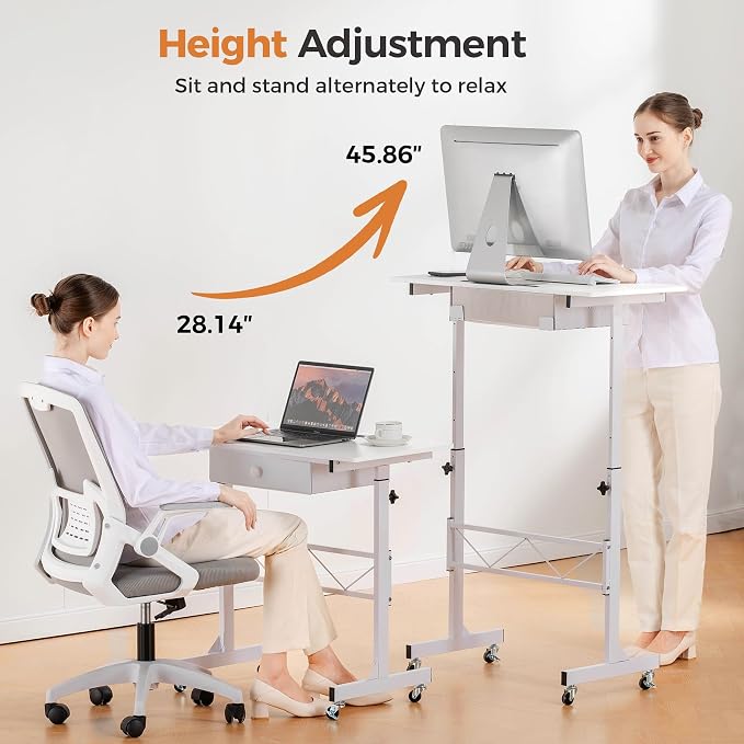 COMHOMA Standing Desk Adjustable Height & Tiltable Tabletop, Portable Stand Up Desk for Laptop, Mobile Folding Desk for Home Office Work and Walking Pad Treadmill, Height 30.7"-46.4", White