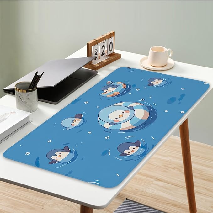 Blue Cute Anime Penguin Keyboard Pad,Non-Slip Gaming Mouse Pad,Large Size Stitched Edge Desk Pad for Office and Game X-Large（11.81"x31.49"x0.12"）