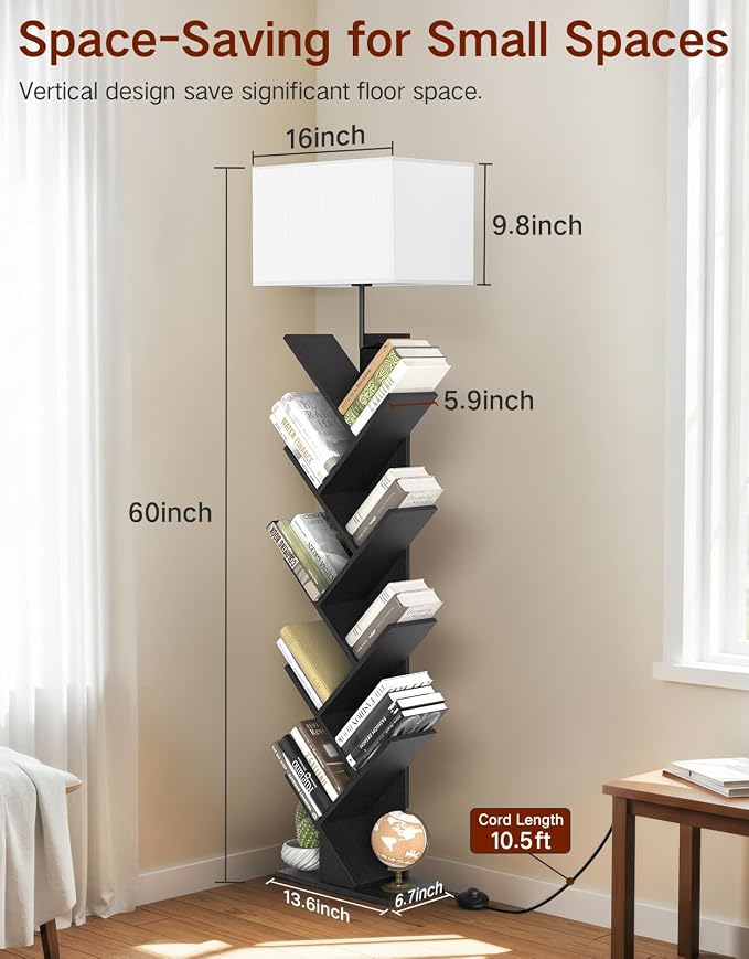 9 Tier Tree Bookshelf with Light, Remote & Timer, Dimmable Tall Floor Book Shelf, Narrow Wood Bookcase, Small Book Organizer Shelves for Living Room, Bedroom, Home Office (Black)