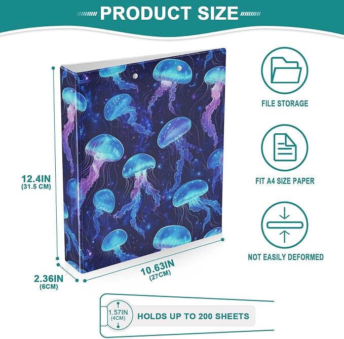 JIPONI 3 Ring Binder Jelly Fishs Blue 1 Inch Round Binders for Men Women Students, Cute File Organizer for Office Home School
