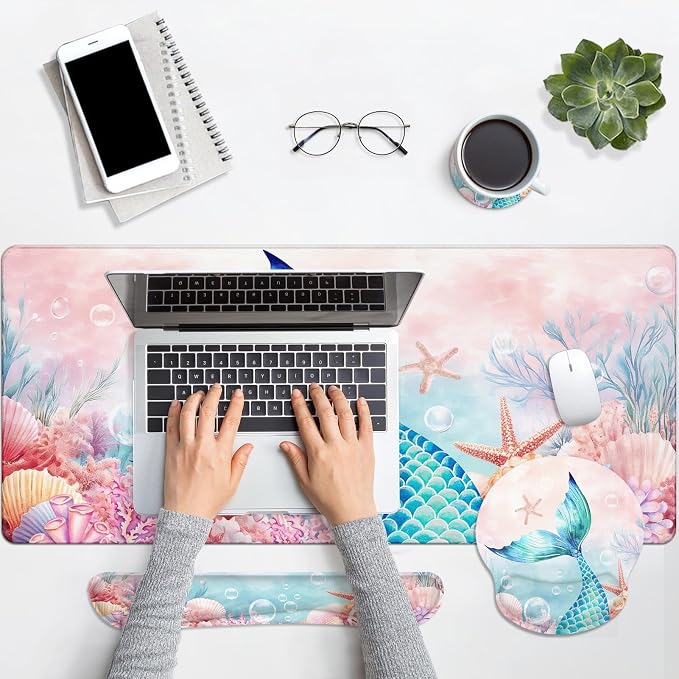 Keyboard Mouse Pad Set, 4 in 1 Desk Mat Set, Mermaid Pink Cute | Large Mousepad+Keyboard Wrist Rest+Mouse Wrist Rest+Coaster Ergonomic Design for Home Office Computer