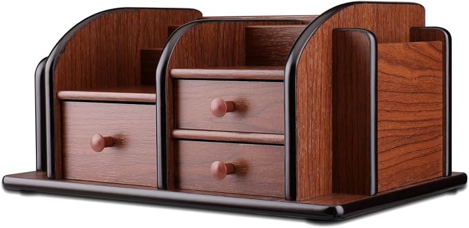 Flexzion Wooden Desk Organizer w/Drawers - Classic Wood Office Supplies Accessories Desktop Tabletop Sorter Shelf Rack Cherry Brown Pencil Holder Caddy Set with 3 Drawers, 3 Compartments & 2 Shelves | Cherry Brown Table Caddy, 12 X 8 X 5.5 In, with 3 C...