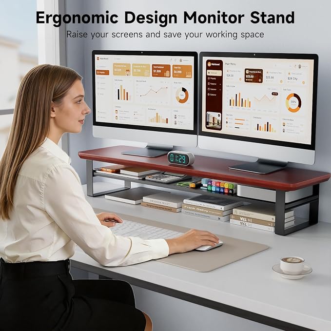 Dual Monitor Stand, 35.4 Inch Monitor Stand Riser for 2 Monitors, 2 Tiers Wood Desk Shelf with Storage, Desktop Organizer Stand for Computer, Laptop, Printer, TV