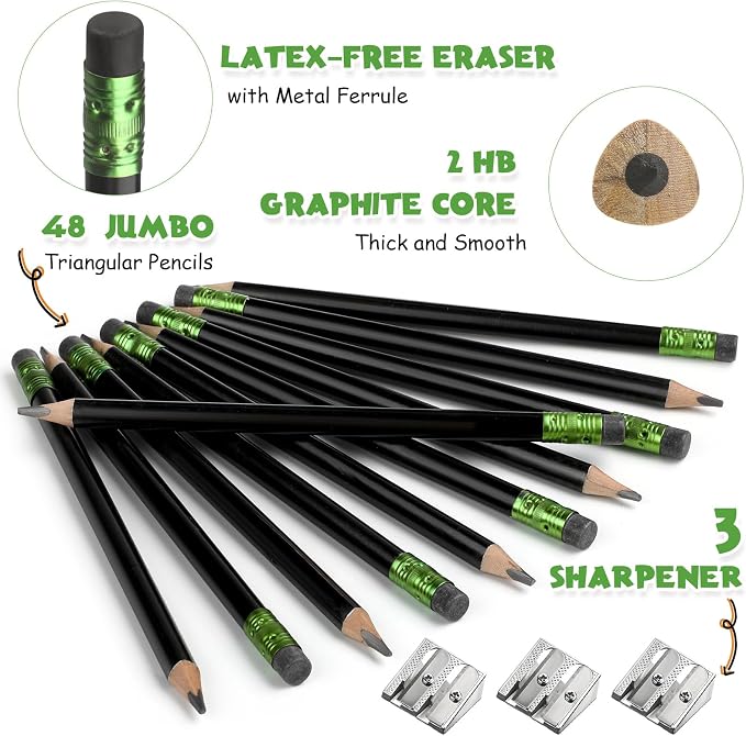 Fainne 48 Pcs Large Pencils 3 Sharpeners,Black,Triangle