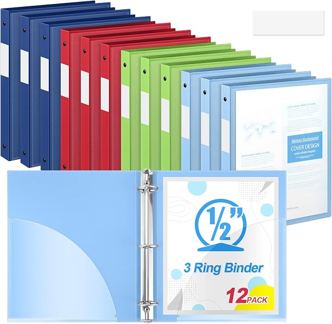 Henoyso 1/2 Inch 3 Ring Binders with Clear Front Cover and 2 Pockets, Round Ring Binders Fits 8.5'' x 11'' Letter Size Paper for School Office Supplies, 12 Pack (Assorted Fresh Color)