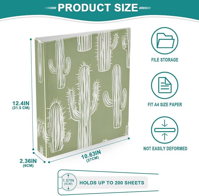 Cactus Pattern 3-Ring Binder 1.5 Inch 2 Pack Round Ring Binder Holds 200 Sheets with 3 Inside Pockets for Office Home Organization