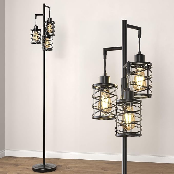 70" Industrial Floor Lamp, Stepless Dimmable Standing Lamp with 3 Bulbs, Farmhouse Corner Standing Tree Lamp for Living Room, Tall Lamps for Bedroom, Office, Study Room, Dining Room, Black