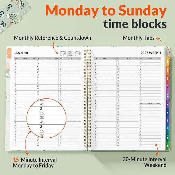 SUNEE 2027 Appointment Book, Quarter-Hourly, Weekly Monthly Planner, 8.5"x11",Green Wildflower