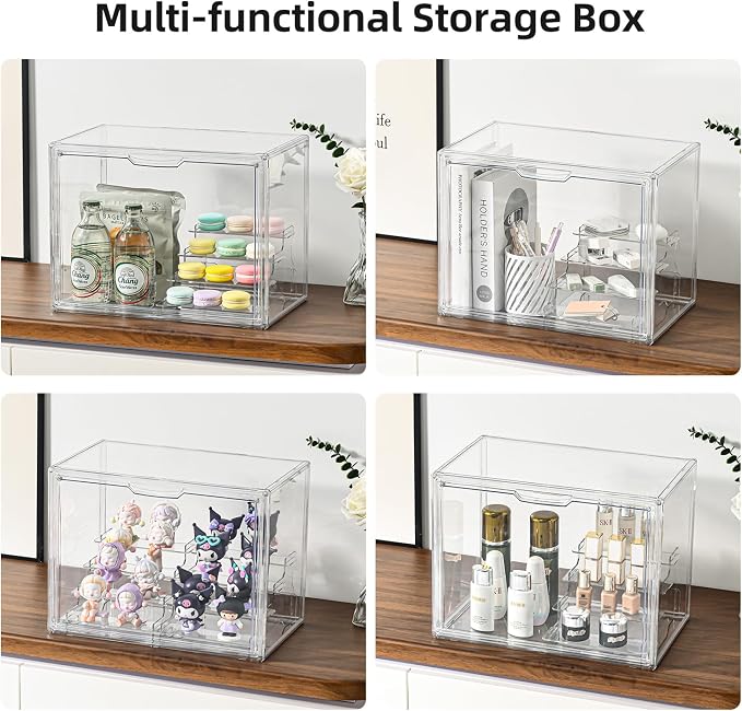 4 Tier Display Case for Collectibles,Clear Display Box with 2pack 4 Tier Display Risers ,Storage Container with Magnetic Door