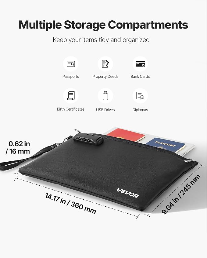 VEVOR Fireproof Document Bag, 1832 ℉ Heat Insulated Fireproof & Waterproof Bag with Lock, Portable File Storage Security Organizer Home Office Travel Use, for Passports, Important Documents & Files