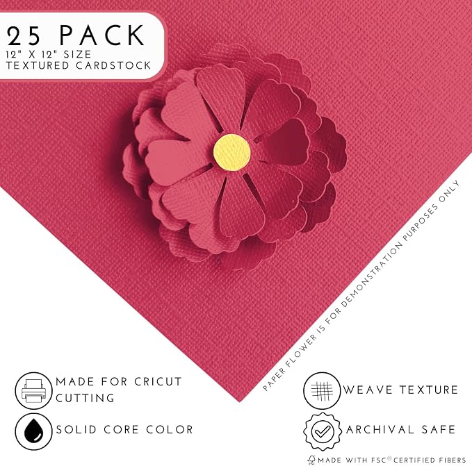 Rosy Red—12x12 Textured Cardstock | 80lb Textured Red Scrapbook Paper | Premium Cardstock for Cricut Cutting | 25 Sheets