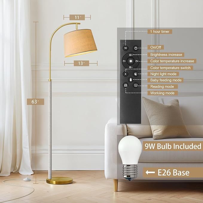G-SAFAVA Real Wood Floor Lamps for Living Room Bedroom, 62.5" Mid Century Modern Lamp Gold Standing Tall Arc Lamps with Foot Switch, Floor Lamps for Nursery Office Decor Corner Reading Room Light