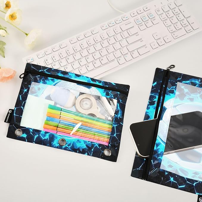 3D Soccer Football Blue Pencil Pouch for 3 Ring Binder, 2 Pack Waterproof Pencil Bags Clear Window Pencil Case Zipper School Office Supplies