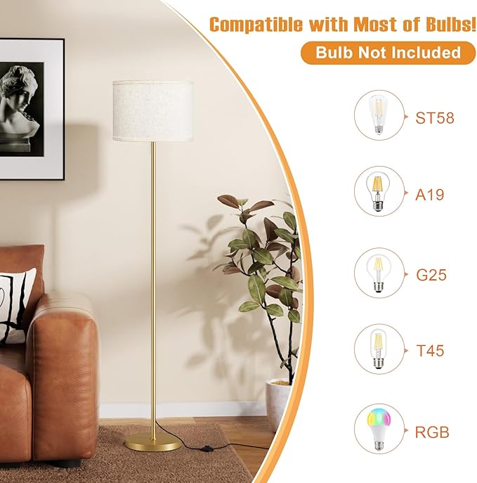 60'' Modern Floor Lamp with Shade, Tall Lamps for Living Room, Bedroom, Office, Dining Room, Beige Shade with Gold Pole(Without Bulb)