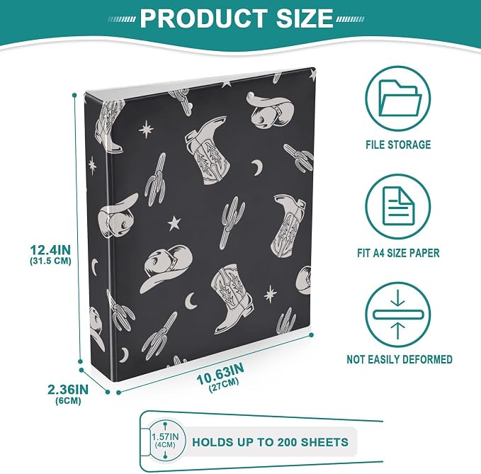 Western Cactus Cowboy Black Decorative 3 Ring Binder 1.5 Inch Large View Binders with Pockets File Organizer for Office College School, 1 Pack