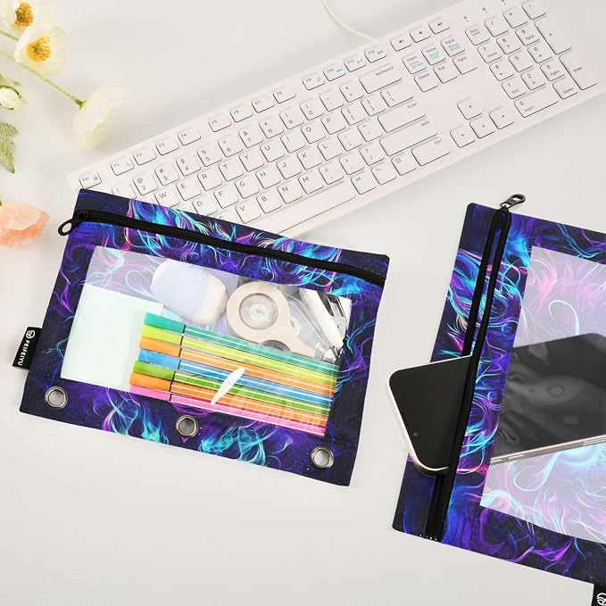 Mystical Wolf Face Pencil Pouch for 3 Ring Binder, 2 Pack Waterproof Pencil Bags Clear Window Pencil Case Zipper School Office Supplies