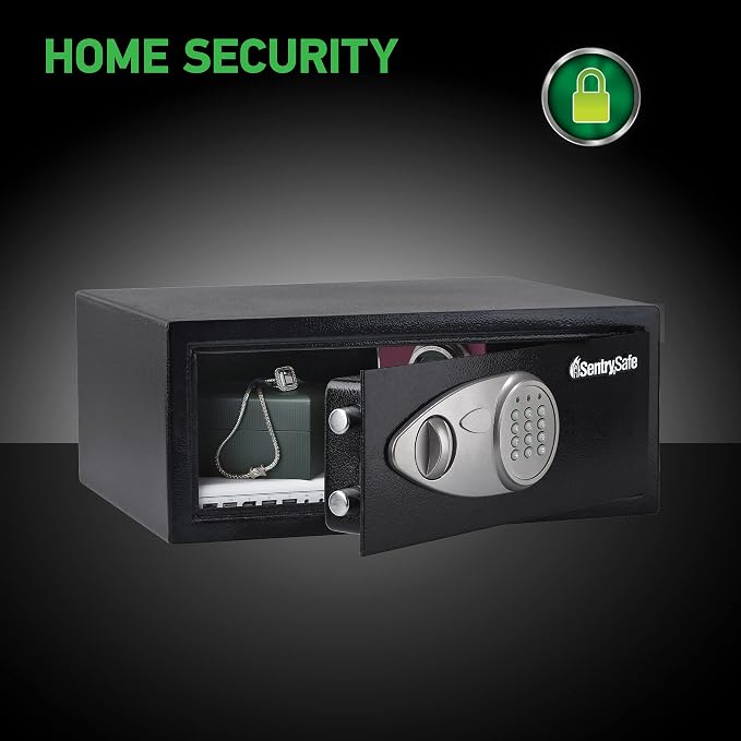 SentrySafe Shelf Safe with Digital Keypad Lock, Steel Safe with Interior Lining and Bolt Down Kit for Money, Jewelry, 0.78 Cubic Feet, 7.1 x 16.9 x 13.8 Inches, X075