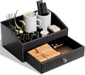 LADSTAG Desk Accessories,Black Vegan Leather Desk Organizers with 1 Draw & Tray,Remote Control Holder with Gold-Tone Metal Accents Knob for End Tables,Bedside Table,Bedroom