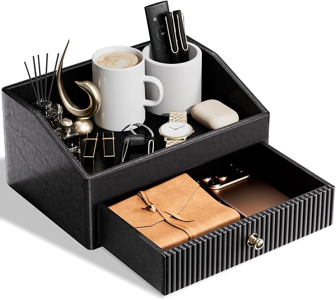 LADSTAG Desk Accessories,Black Vegan Leather Desk Organizers with 1 Draw & Tray,Remote Control Holder with Gold-Tone Metal Accents Knob for End Tables,Bedside Table,Bedroom