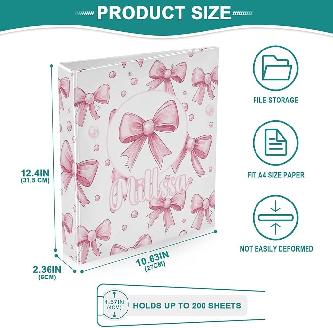 Pink Bows 4 3 Ring Binder with Clipboard Round Ring Binders Name Custom Binder 3 Interior Clear Pockets for Office Supplies 1 Pack